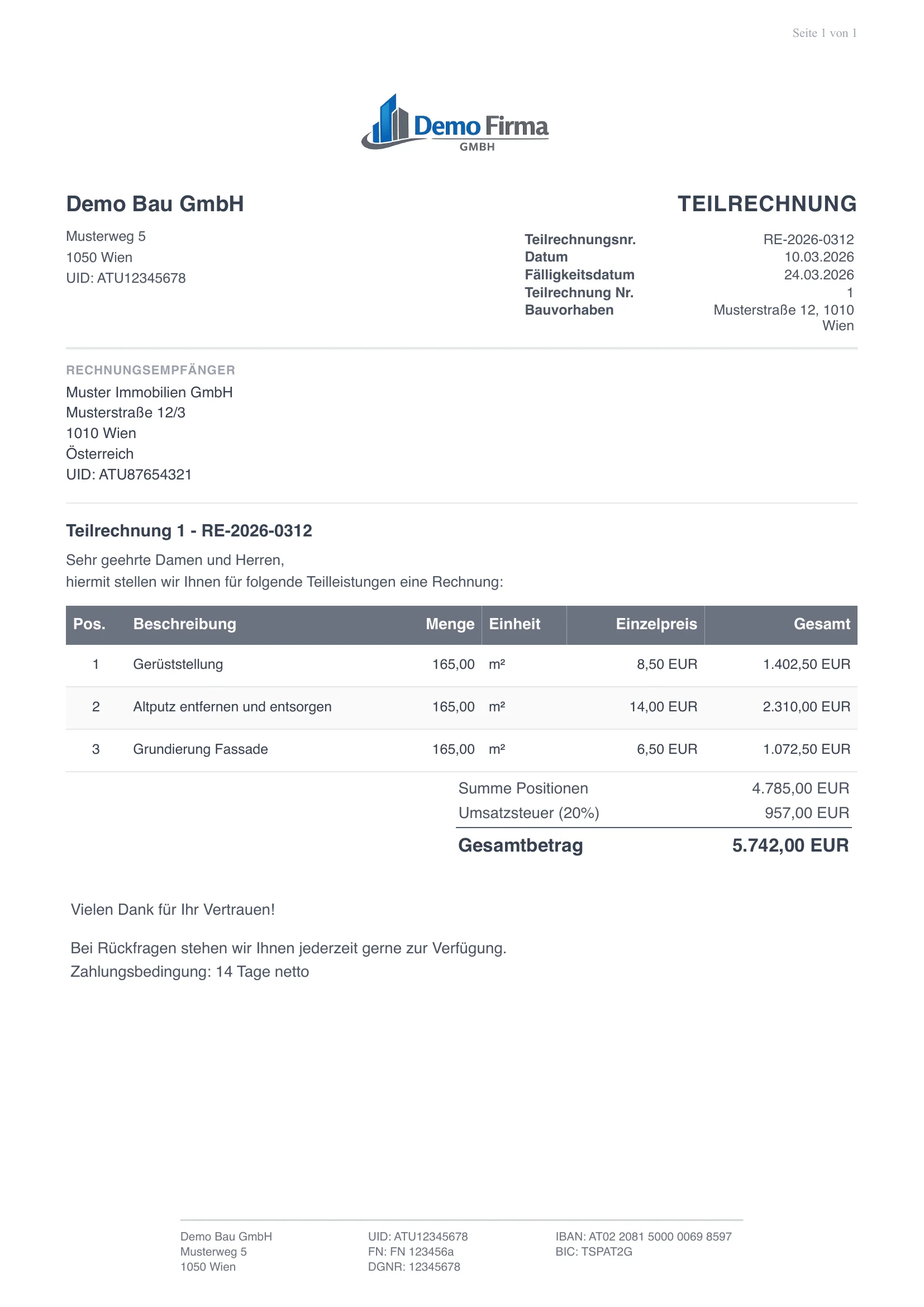 Beispiel einer Teilrechnung in facturo